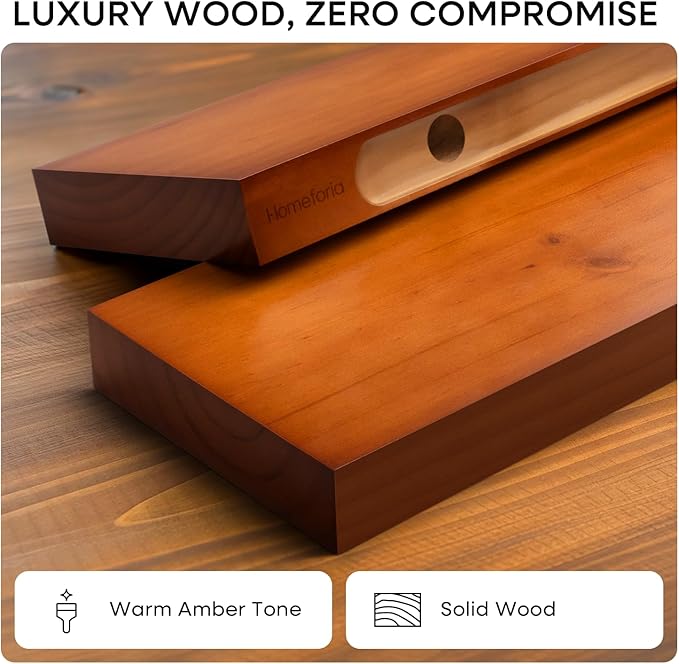 Homeforia 18 inch Floating Shelf Oak, High End Solid Real Wood 18inch Long Floating Shelves for Wall Mounted, Honey Oak Wooden 18in Floating Shelves, Heavy Duty Bracket, 18 X 6.5 X 1.75 inch, Set of 4