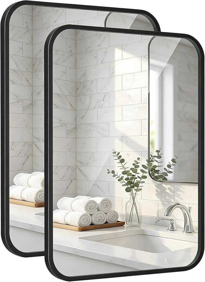 2 Pack Bathroom Mirrors for Over Sink, 22"x30" Matte Black Framed Vanity Mirror, Rounded Corner Rectangular Metal Mirror for Wall, Modern Farmhouse Industrial Decor