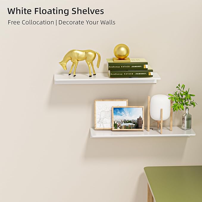 2-Piece White Metal Floating Shelves - Aluminum Alloy Wall Mounted Shelf No Drilling, Rust-Proof, 15.7" Width for Home Decor & Storage in Living Room, Bedroom, Bathroom