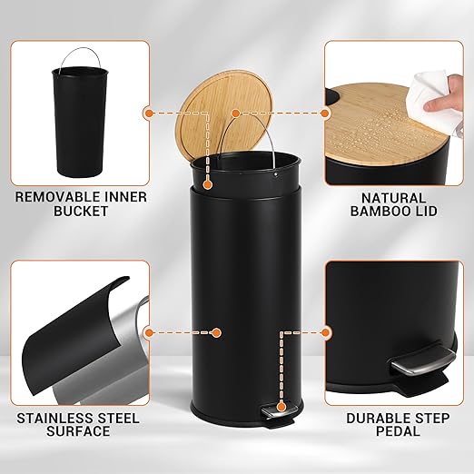 GarveeHome 8 Gallon Step Trash Can with Soft-Close Bamboo Lid, Stainless Steel Garbage Can with Removable Inner Bucket, 30L Round Trash Bin, Perfect for Kitchen, Bathroom, Living Room, Black