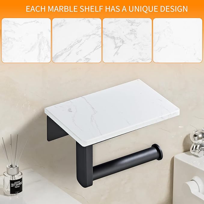 Matte Black Toilet Paper Holder with Shelf, 304 Stainless Steel Screw Wall Mounted, Marble Tissue Roll Holder with Storage