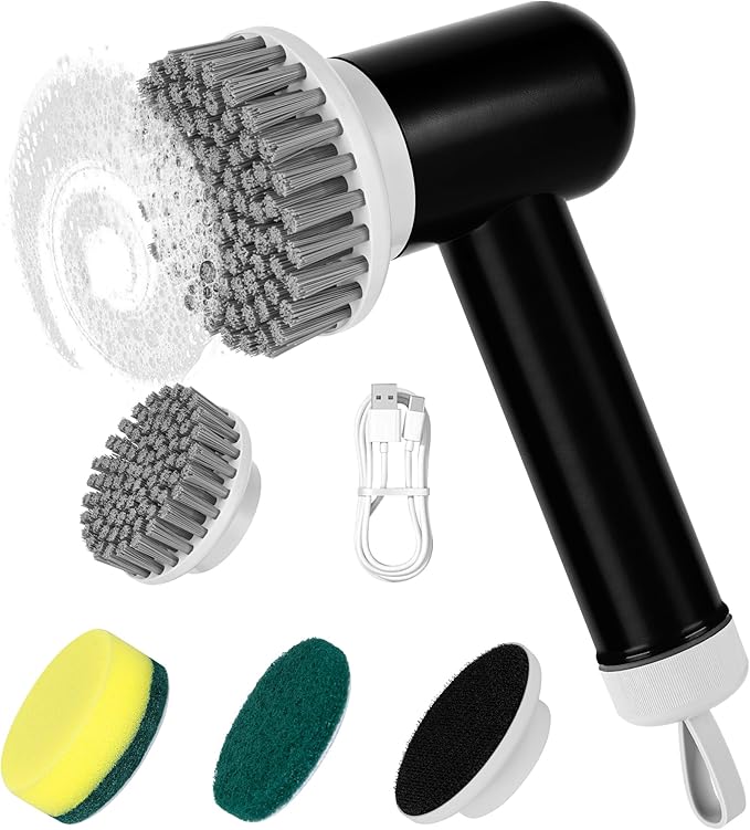 Electric Spin Scrubber, Cordless Shower Scrubber with 3 Replaceable Brushes, Waterproof Power Scrubber for Cleaning Bathroom, Kitchen, Floor, Rechargeable Electric Scrubber for Cleaning, Deep Black