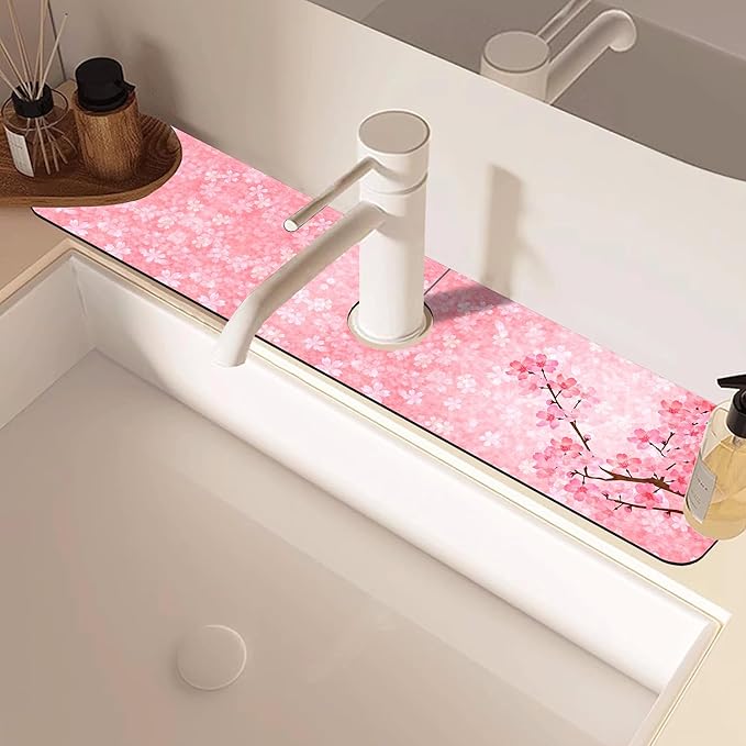 Spring Cherry Blossom Kitchen Sink Splash Guard Absorbent Fast Drying Mat Faucet Draining Guard Behind Faucet Drip Catcher for Kitchen Bathroom 5.5"24