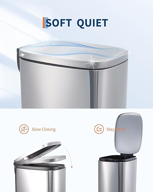 3.2 Gallon / 12 Liter Trash Can Stainless Steel Garbage Can with Removable Inner Bucket for Offices, Hands-Free Kitchen Step Trash Can for Kitchen & Bathroom, Silver