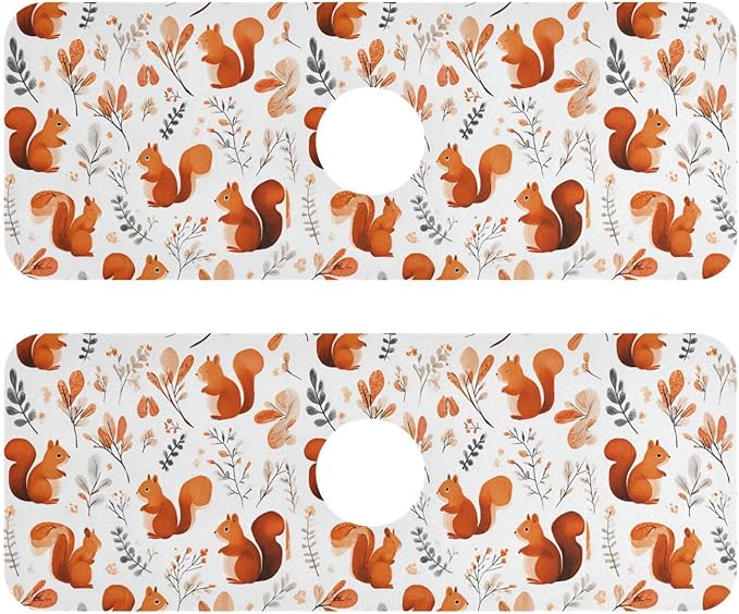 Squirrels and Fall Leaves Kitchen Sink Splash Guard Sink Faucet Mat Faucet Handle Drip Catcher Drain Mats for Kitchen Bathroom Countertop Absorbent Dish Drying Pad 2Pack 30x5.4IN