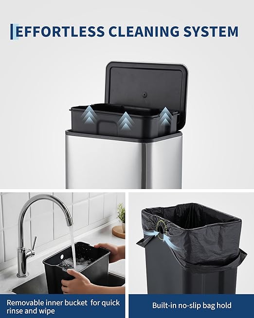 Garvee Space-Saving Office Trash Can, 4.8 Gallon Trash Can with Soft-Close Lid, Foot Pedal & Removable Inner Bucket, Rectangular Stainless Steel Garbage Can for Small Kitchen, Home, Garage, Silver