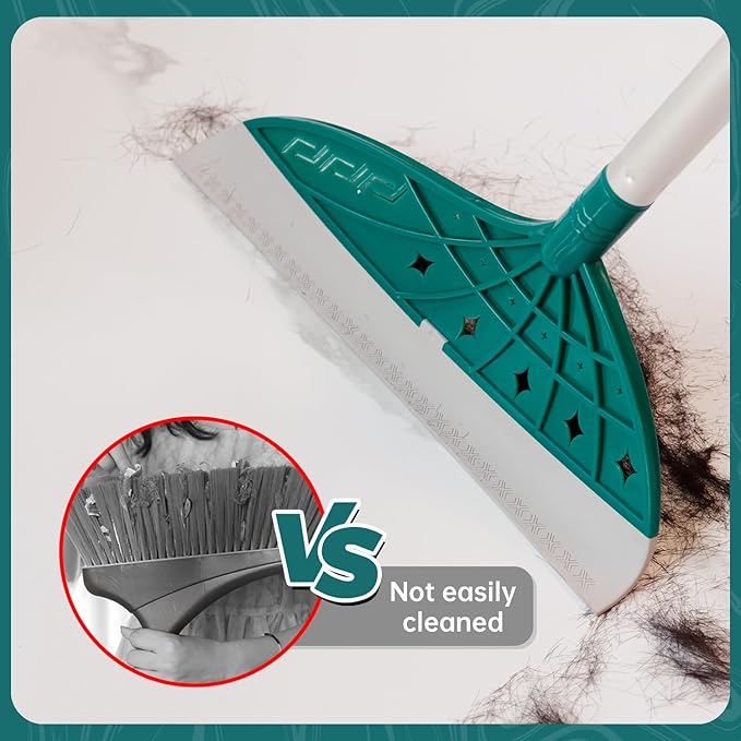 Air Broom for Household Cleaning, Silicone Broom Adjustable Handle, Sweep and Scrape 2-in-1 Squeegee Broom for Wet&Dry Messes, Hair, Liquids, Glass, Bathroom, Kitchen on Smooth Floor(Green)
