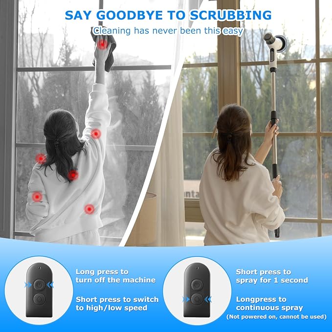 Electric Spin Scrubber,Cordless 2 Speeds Shower Scrubber with Foam &Remote Control,IPX7 Waterproof Adjustable Electric Scrubber for Cleaning with 7 Replaceable Brush for Bathroom Kitchen Car