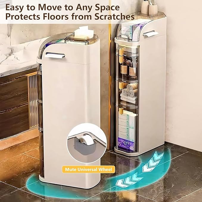 2-Tiers Narrow Bathroom Floor Storage Cabinet 7.1″ Plastic Drawers Organizer with Tissue Box and Wheels Slim Waterproof Bathroom Cabinet for Small Kitchen Laundry Living Room Toilet Gap