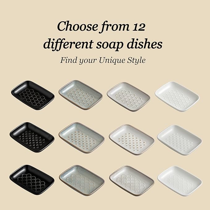 Gomakren Ceramic Soap Dish with Raised Scalloped Design, Versatile Soap Holder & Tray for Bathroom and Kitchen Sink, Prevents Soggy Soap, Rustic Modern Decor, Easy to Clean, Beige (5.59" x 4.02")