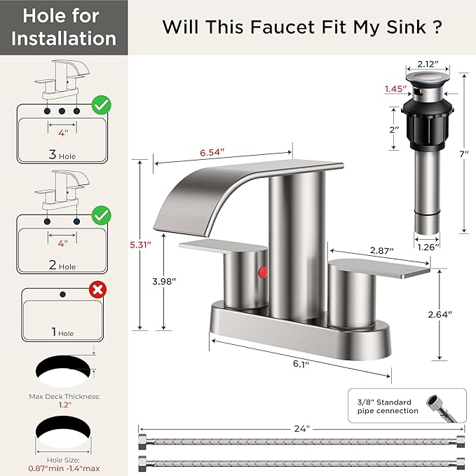 FORIOUS Brushed Nickel Bathroom Sink Faucet, Waterfall 4 Inch Centerset Bathroom Faucets with Metal Pop up Drain and cUPC Hose for Basin, Vanity, RV, Pedestal 2 or 3 Hole Sink, 2 Pack