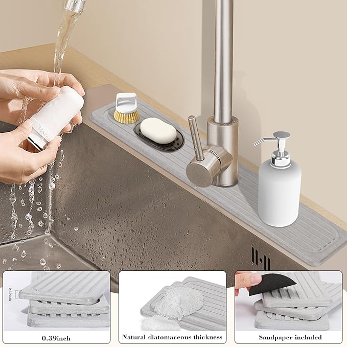 Stone Faucet Mat for Kitchen Sink, 15.7" Diatomite Drying Stone Kitchen Sink Mat Super Absorbent, Stone Kitchen Sink Splash Guard, Sink Stone Quick Dry Around Faucet for Kitchen Bathroom Counter