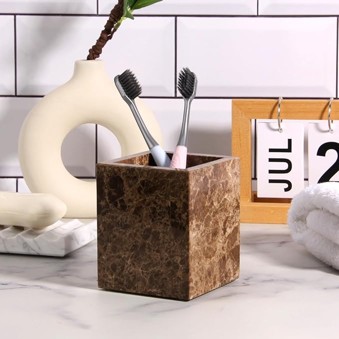Natural Marble Toothbrush Holder for Bathroom Countertop (8.5x8.5x10cm) - Multifunctional Organizer for Makeup Brushes, Vanity Accessories & Utensils Sink (1, Dark Brown)