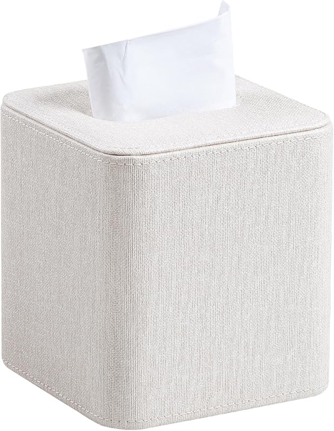 Square Linen Tissue Box Cover with Magnetic Closure, Modern PU Leather Tissue Box Holder for Bathroom Vanity NightStands Bedroom Office Desk, Stylish Cube Tissue Holder