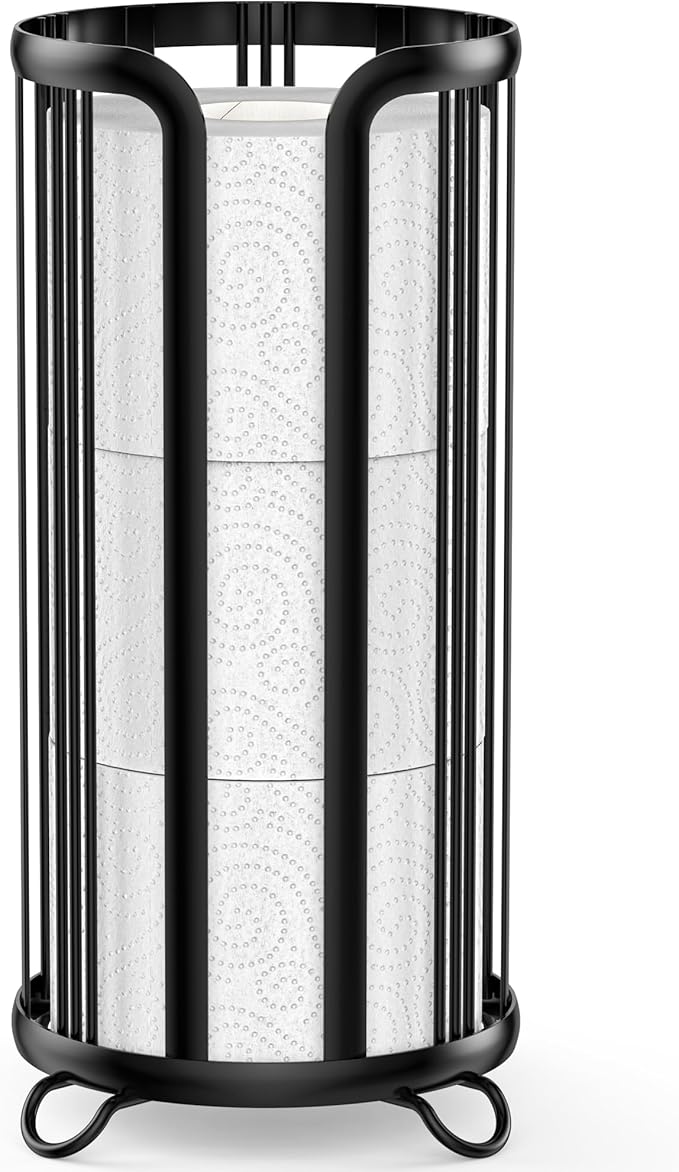 Toilet Paper Holder Stand, Freestanding Toilet Tissue Organizer, Minimalistic Storage Solution, Reserve Mega Rolls- Black