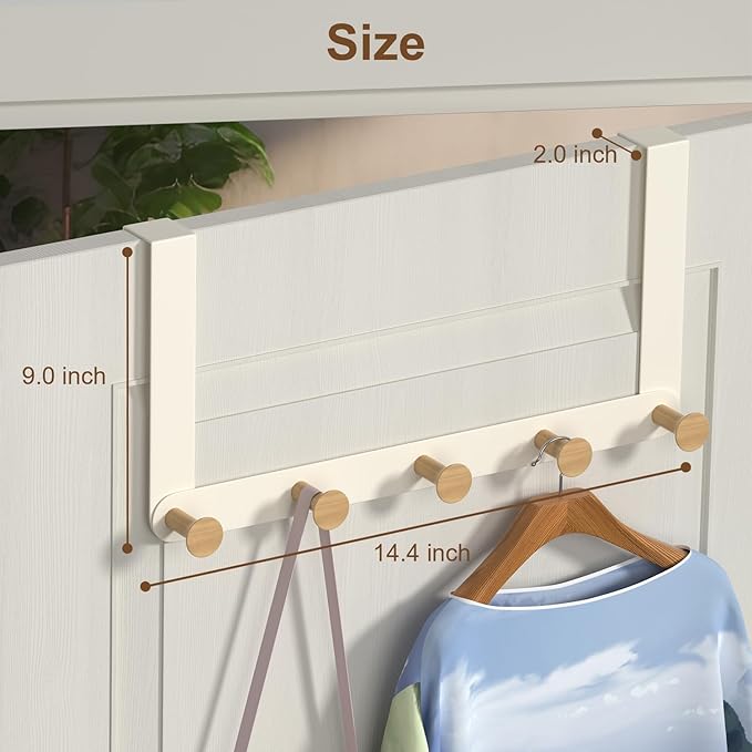 Over The Door Hooks with 5 Wooden Hooks,Door Hanger,Towel Rack for Bathroom Wall Mount Towel Hanger, Towels Holder for Hanging Heavy Duty with 5 Hooks for Pool Bedroom Bathroom Kitchen