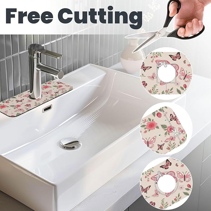 Butterfly Floral 15" X 5.5" Kitchen Sink Splash Guard, Faucet Guard Draining Mat, Faucet Suction Pad For Kitchen Bathroom