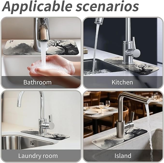 Kitchen Sink Splash Guard，Chinese ink landscape Faucet Mat Sink Gadgets-Super Absorbent Fast Drying Mat Drip Catcher for Kitchen, Bathroom,Sink Mat, Dish Drying Mat, Bathroom(15" X 5.5" )