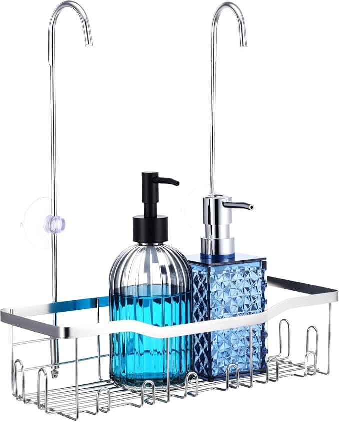 Hanging Shower Organizer, No Drilling Showers Caddy Hanging Stainless Steel Shower Rack with Hooks Showers Caddy Rustproof Over the Door for Bathroom Towels Sponge