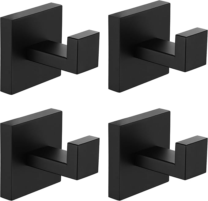 Nolimas Towel Hook Stainless Steel Bathroom Rustproof Clothes Towel Coat Hook Wall Mounted Square Toilet Kitchen, Heavy Duty Door Hanger, 4 Pack, Matte Black