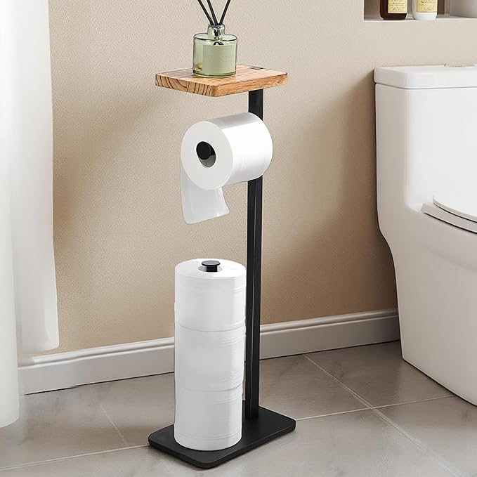 Holder Phone Toilet Paper Holder Stand - Toilet Paper Stand for 3 Rolls with Anti-Slip Base and Wood Shelf for Wipes, Natural Bathroom Decor