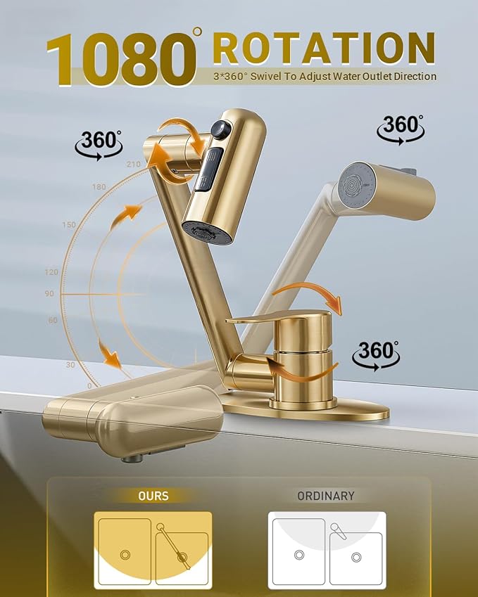 Single Handle Bathroom Faucet, 1080° Swivel Rotatable Faucet with 6'' Deck Plate, Short Bath Sink Faucets for Kitchen Rv Bath Lavatory Sink 1 or 3 Hole, Brushed Gold