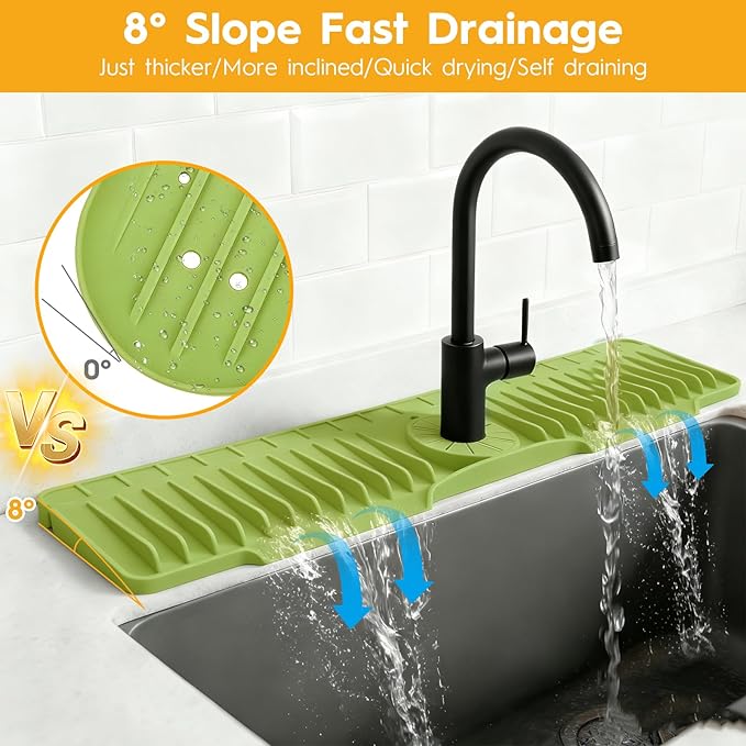 16" Silicone Faucet Mat for Kitchen Sink Released in 2026,8° Slope Fast Self-draining-Kitchen Sink Splash Guard,Bathroom Kitchen Sink Area Water Splash Guard Behind Faucet Draining Mat(Green)
