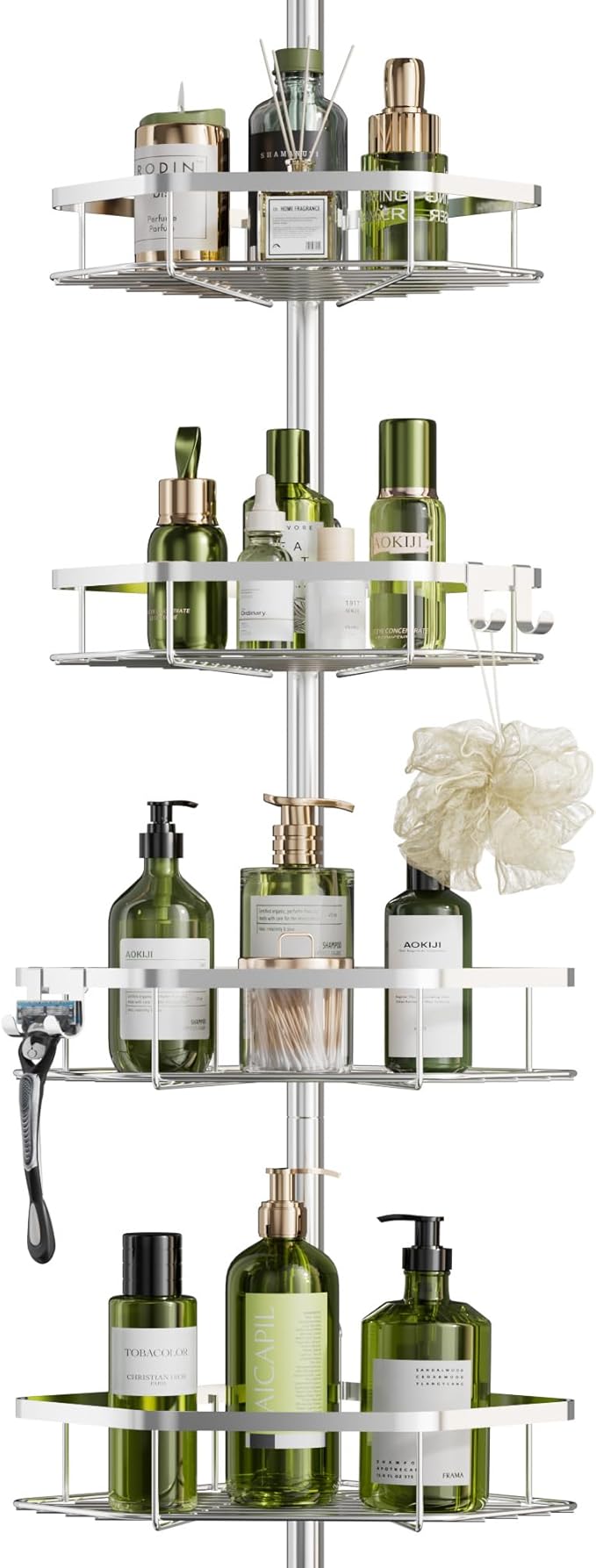 LAMU Corner Shower Caddy Tension Pole, Stainless Steel Shower Organizer, Strong Spring, 5 Adhesive Pads, 2.4" Non-Slip Grid Base, Adjustable 4-Tier Basket, 4 Hooks, Fits Heights 37.8-124", Silver