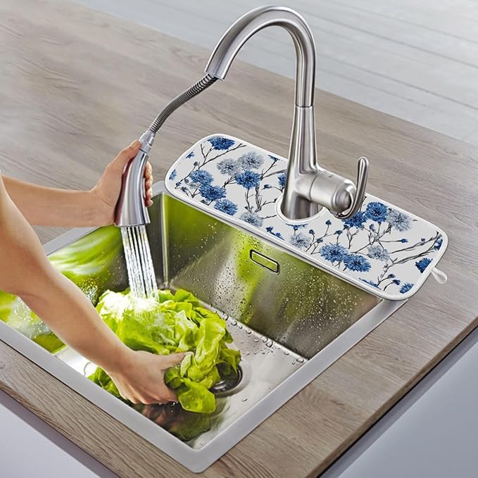 2 PCS Kitchen Sink Splash Guard 30 Inch Faucet Mat for Kitchen Sink Bathroom Sink Faucet Absorbing Drip Drain Mat Pad Microfiber Soft Washable Watercolor Blue Cornflower Daisy Butterflies