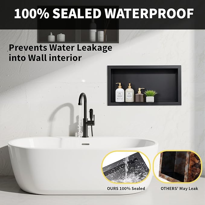 Shower Niche 12×24in Recessed Wall Niche Stainless Steel Shower Shelf No Tile Needed for Add Storage, Black