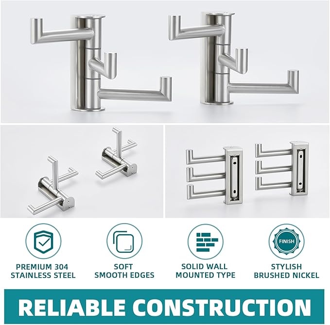 APLusee Swivel Towel Hook 2 Pack Brushed Nickel, 304 Stainless Steel Hook with Three Arms, Wall Mount