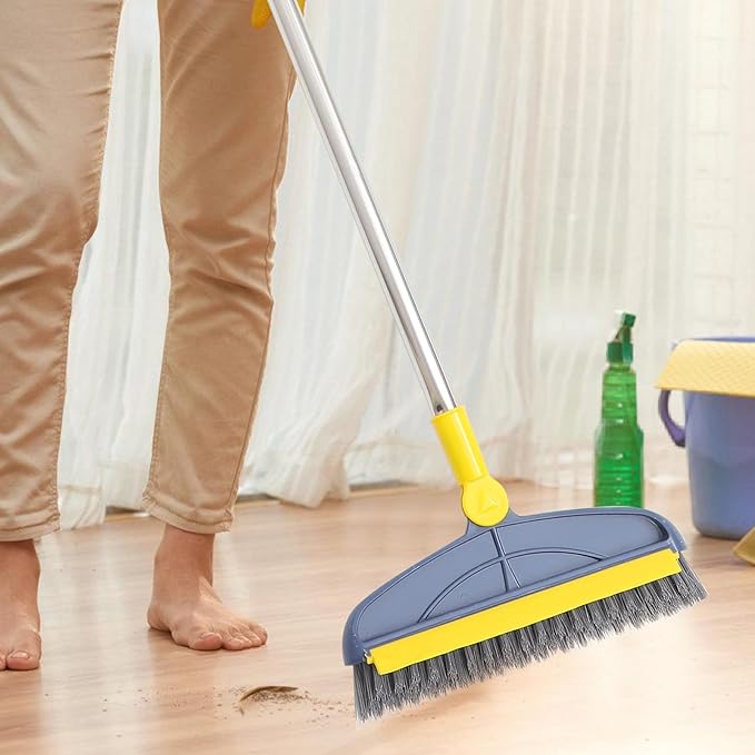 Long Handle Floor Cleaning Brush with Stiff Bristles, 126cm Bathroom Tile Corner Scrub Brush for Grout and Floor Gaps, Indoor Shower and Toilet Seam Scrubber in Blue Yellow