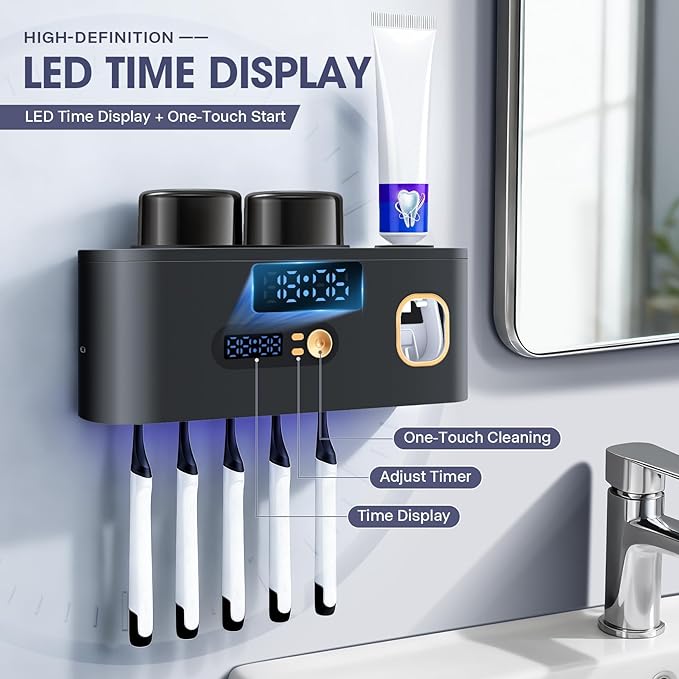 Toothbrush Holders Cleaner & Dryer for Bathroom,LXIANGN Smart Wall Mounted Toothbrush Holders with Countdown LED Screen,5 Toothbrush Slots,2 Cups and Toothpaste Dispenser (Grey)