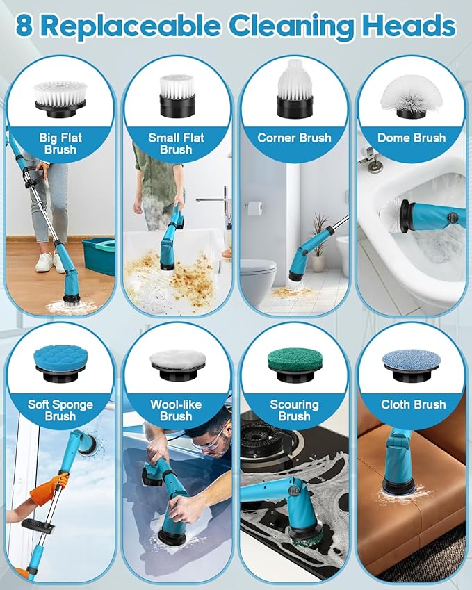 Updated 1500 RPM Battery Electric Spin Scrubber with Handle, 8 Replaceable Shower Scrubber & 2 Battery Powered Cleaning Brush with Display 3 Speed & Adjustable Handle Cordless Power Scrubber for Clean