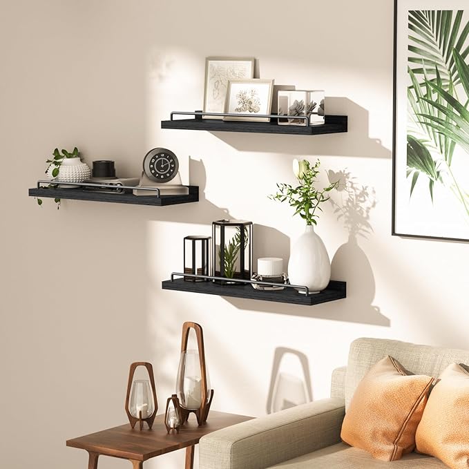 Floating Shelves for Wall Decor Bathroom Shelves Over Toilet, Farmhouse Wall Shelves for Living Room, Bedroom, Picture Frames, Plants, Kitchen (Black, Set of 3)