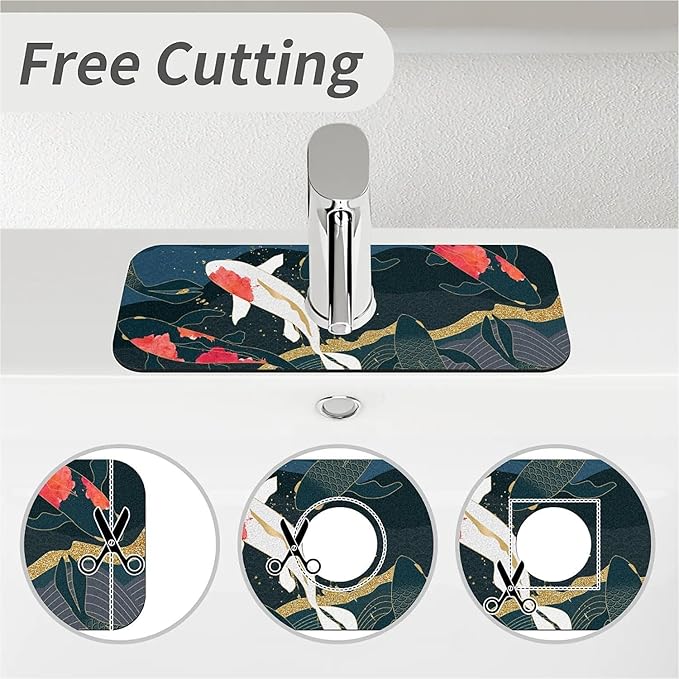 Faucet Draining Mat For Kitchen Sink, Oriental Japanese Koi Fish Diatom Mud Absorbent Drain Pad For Bathroom Kitchen Sink Splash Guard Drying Mat