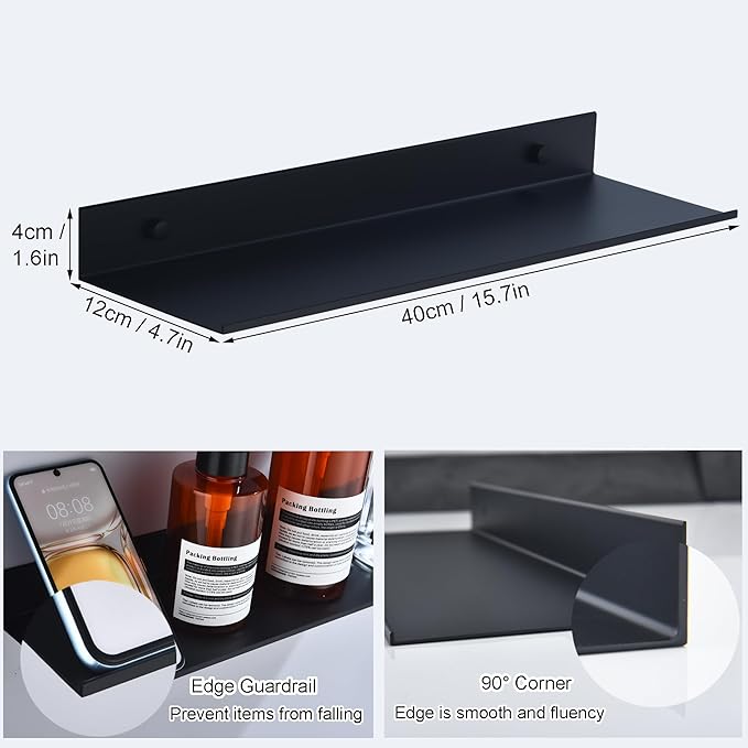 Black Shower Shelves Rustproof & Waterproof, 40cm Adhesive Shower Caddy 2 Pack, Metal Bathroom Floating Shelves No Drilling Bathroom Wall Storage Organizer