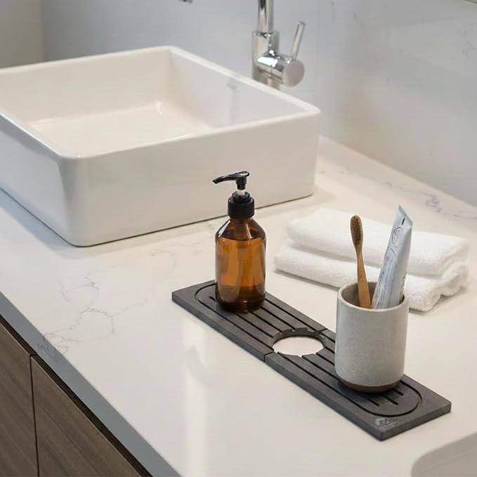 Stone Faucet Mat for Kitchen Sink, Quick Dry Diatomite Drying Mat for Counter, Faucet Splash Guard, Sink Protector, Water-Absorbing Tray for Bathroom or Countertop (Dark Gray, 20" x 4")