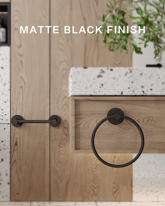 Bathroom Hardware Set 2 Piece-Black Towel Ring and Toilet Paper Holder Stainless Steel and Zinc Alloy Bathroom Hand Towel Holder Towel Hanger Matte Black Wall Mounted (Update)
