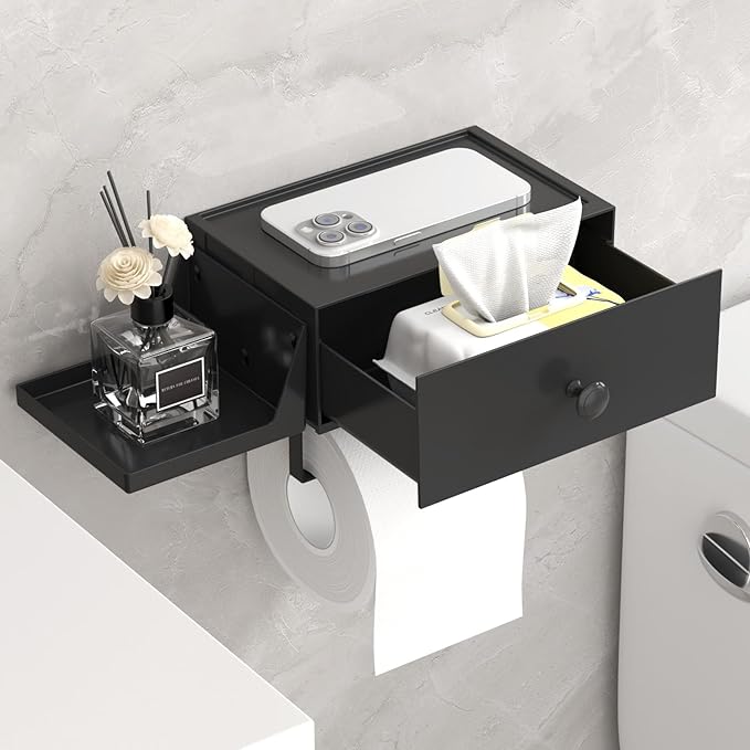Lifewit Toilet Paper Holder with Shelf and Drawer, Screw or Adhesive Wall Mount Tissue Roll Storage, Dustproof & Flushable Bathroom Wipes Dispenser Organizer, Black, 1 Pack