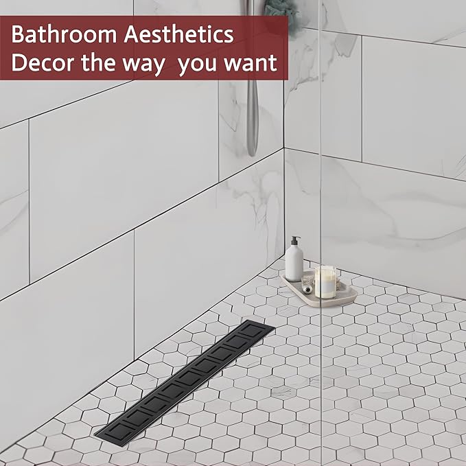 48 Inch Linear Shower Drain, Matte Black Shower Drain, Removable Grate, 304 Stainless Steel, Easy to Install and Clean for Bathrooms (Drain Base Not Included), LSD-30A-48B