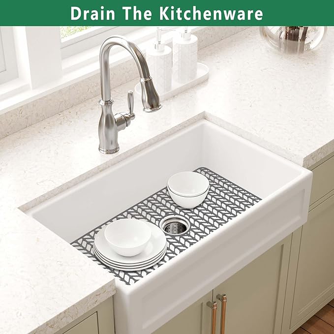 GUUKIN Sink Protectors for Kitchen Mat - 29.7“x15.5” Silicone Kitchen Sink Mat Grid for Bottom of Farmhouse Stainless Steel Porcelain with Center Drain（Grey）