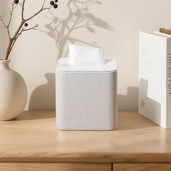Square Linen Tissue Box Cover with Magnetic Closure, Modern PU Leather Tissue Box Holder for Bathroom Vanity NightStands Bedroom Office Desk, Stylish Cube Tissue Holder