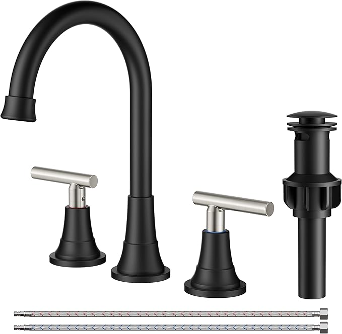 FORIOUS 8" Widespread Brushed Nickel and Black Bathroom Faucet 3 Hole, 2 Handle 360° Swivel Gooseneck 8 Inch Bthroom Sink Faucet 3 Hole Rv with Hot and Cold Water Hose, Farmhouse Restroom Renovation