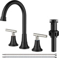 FORIOUS 8" Widespread Brushed Nickel and Black Bathroom Faucet 3 Hole, 2 Handle 360° Swivel Gooseneck 8 Inch Bthroom Sink Faucet 3 Hole Rv with Hot and Cold Water Hose, Farmhouse Restroom Renovation