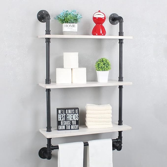 MBQQ Iron Pipe Shelves Industrial Bathroom Shelves with Towel bar,24in Rustic Metal Pipe Floating Shelves Pipe Wall Shelf,3 Tier Industrial Shelf Wall Mounted,Black & White
