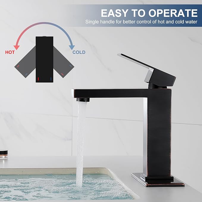 Oil Rubbed Bronze Bathroom Faucet, Single Hole Vanity Bath Faucet, Single Handle Modern Stainless Steel Bathroom Faucets for Sink 1 Hole with Pop Up Drain Stopper & Water Supply Hoses