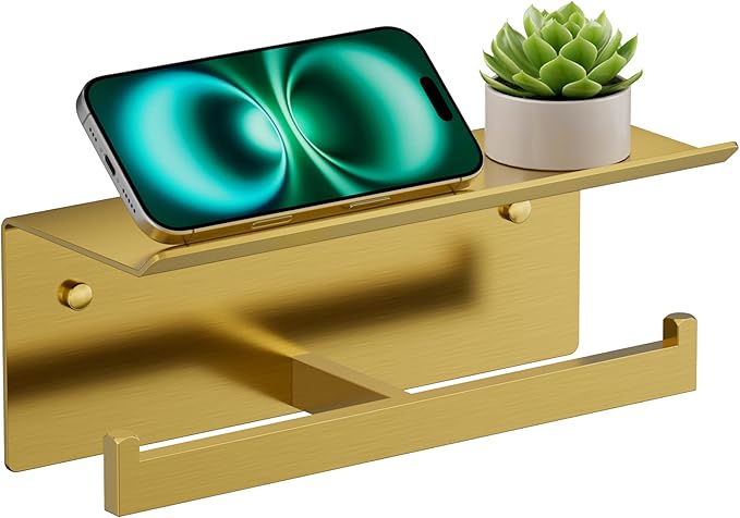 FORIOUS Toilet Paper Holder with Shelf, 304 Stainless Steel Wall Mount Commercial Toilet Paper Dispenser, Double Tissue Roll Holder for Bathroom, Brushed Gold