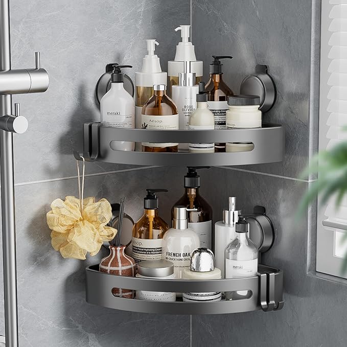BREIS Corner Shower Caddy Suction Cup, Rustproof Corner Shelf, No Drill Bathroom Organizers & Storage, Large Capacity Shower Caddy with Hooks, Corner Shelf for Bathroom Decor RV Accessories