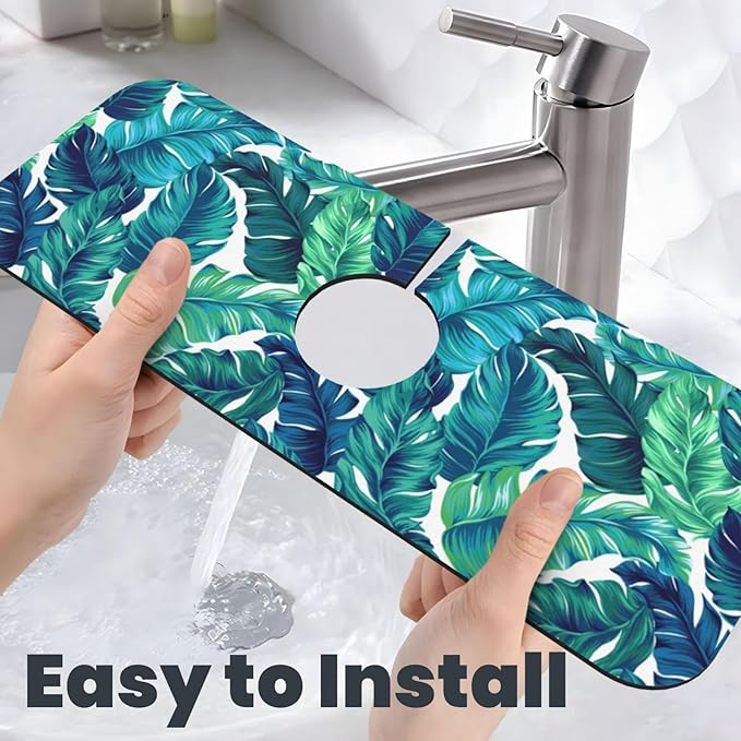 Green Tropical Palm Leaf Summer Kitchen Sink Splash Guard Faucet Mat 1 Pcs, Absorbent Fast Drying Mat Gadgets Splash Guard For Bathroom 15 X 5.5 Inches